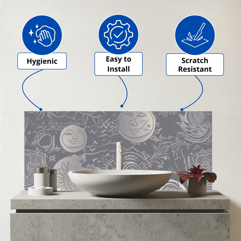 Warren Reed Designer Sun and Moon in Grey Glass Bathroom Splashback 25 x 60cm Image 3