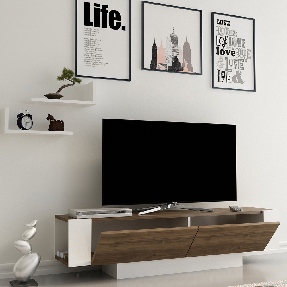 Decorotika Matera 2 Wall Shelf Walnut and White TV Unit Image 3