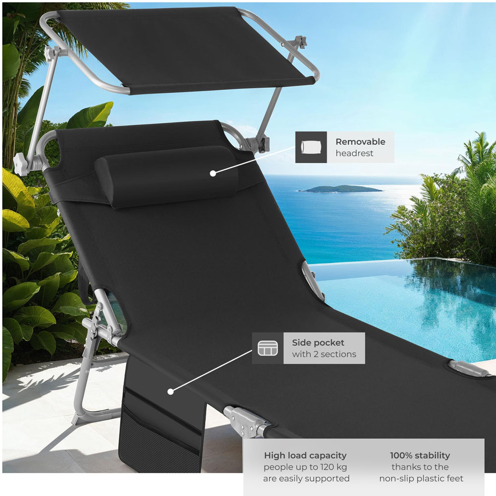 tectake Black Foldable Sun Lounger with Sun Canopy Image 4