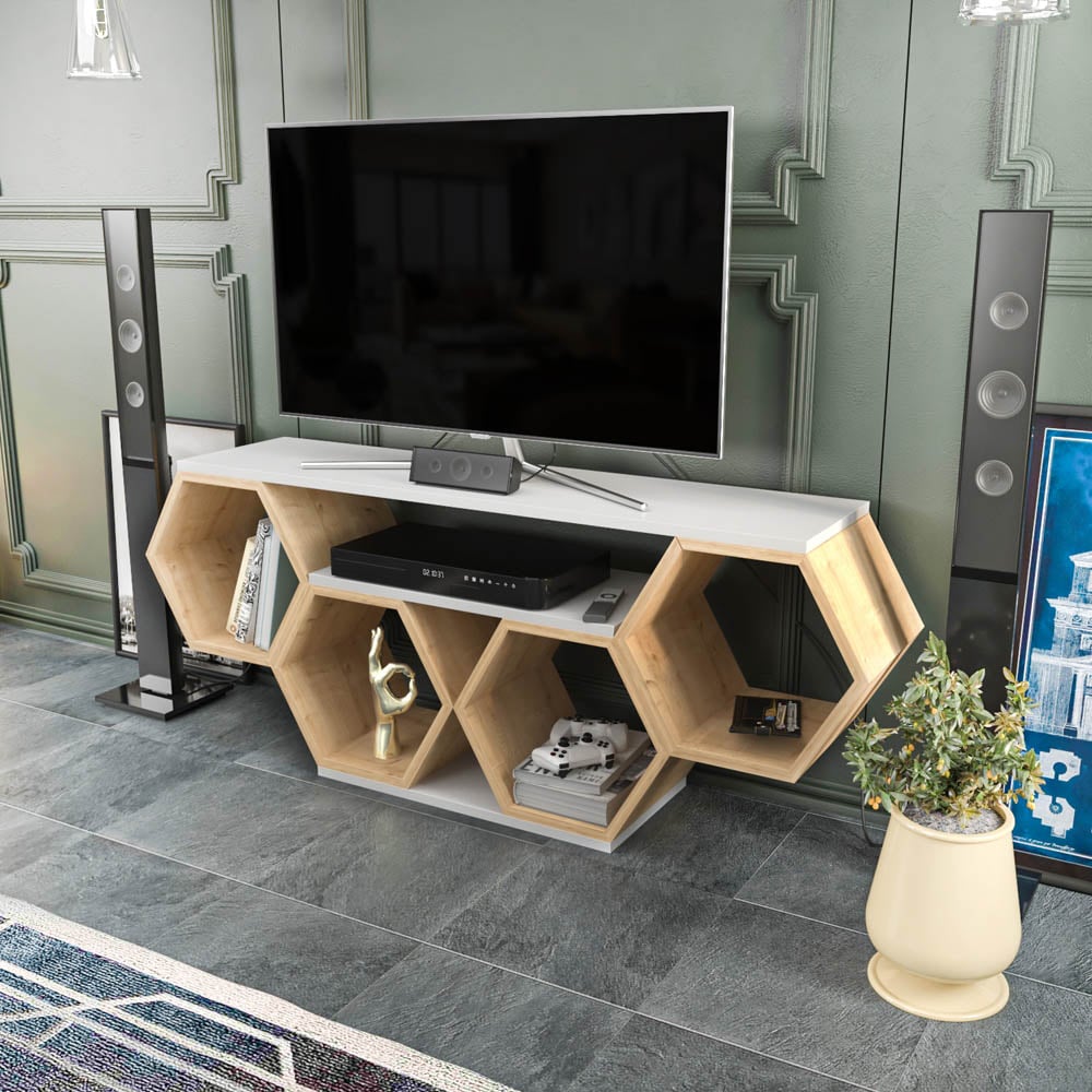 Decorotika Honey White and Oak Wide Hexagonal TV Unit Image 6
