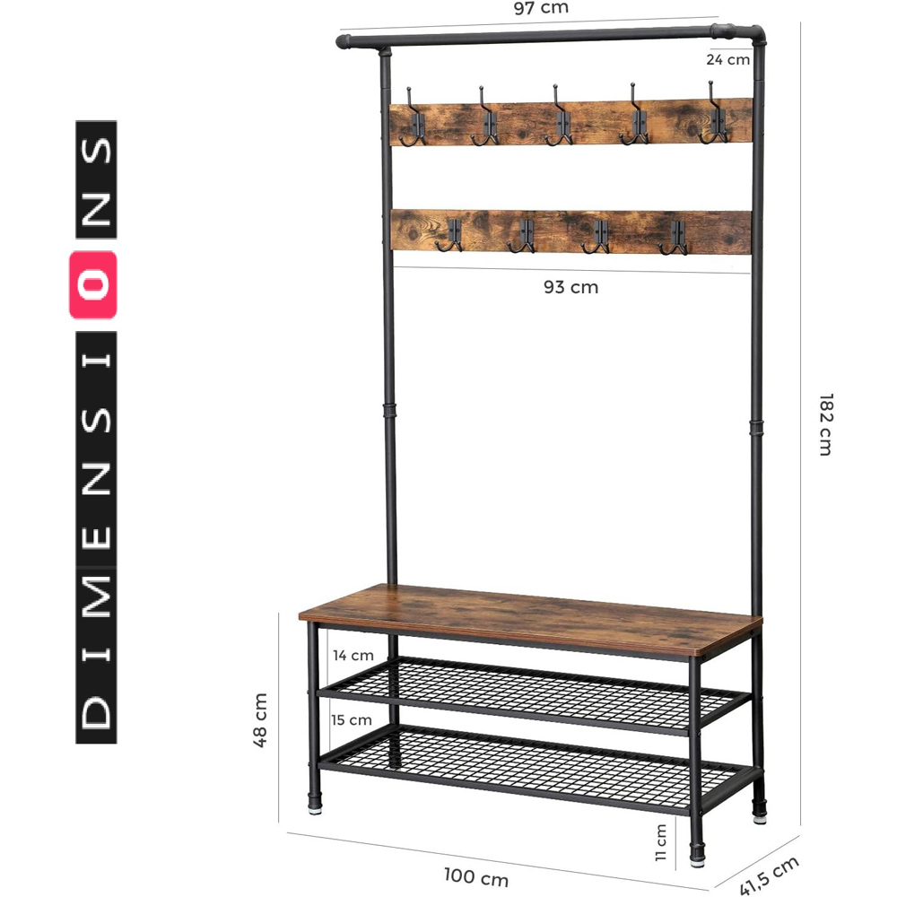 Modcraft 2 Shelf Oak White Industrial-Style Large Hall Tree Coat Rack with Shoe Bench Image 3