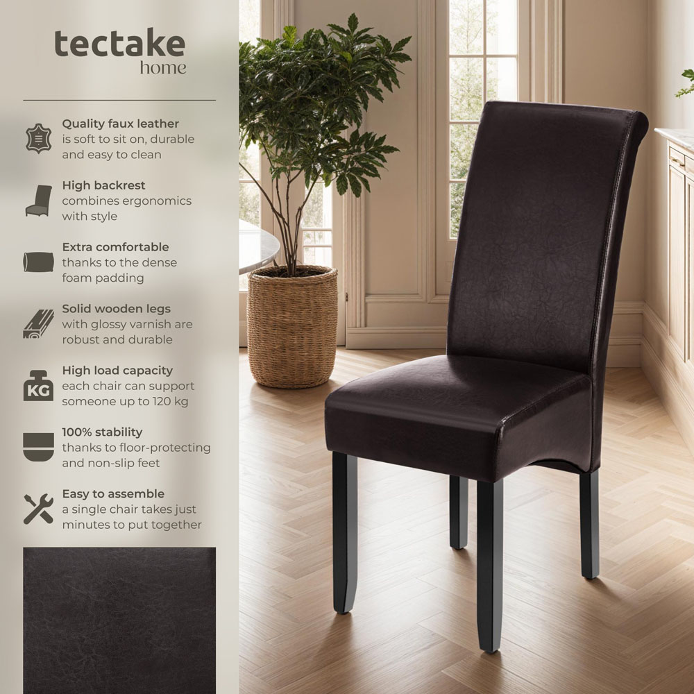 tectake Set of 6 Brown Faux Leather High Backrest Dining Chair Image 6