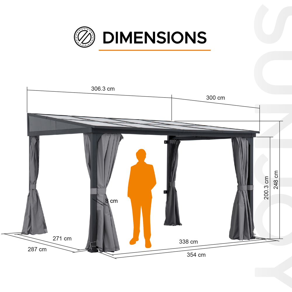 Sunjoy 3.6 x 3m Wall Mounted Lean to Gazebo with Grey Curtain and Netting Image 8