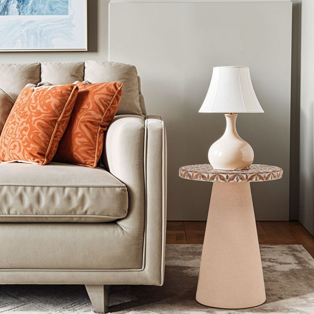 IH Design Acacia Wood Inlay Floral Round Side Table Image 6