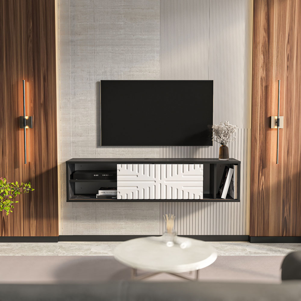 Decorotika Single Door 3 Shelf Black Marble and White Floating TV Unit Image 7