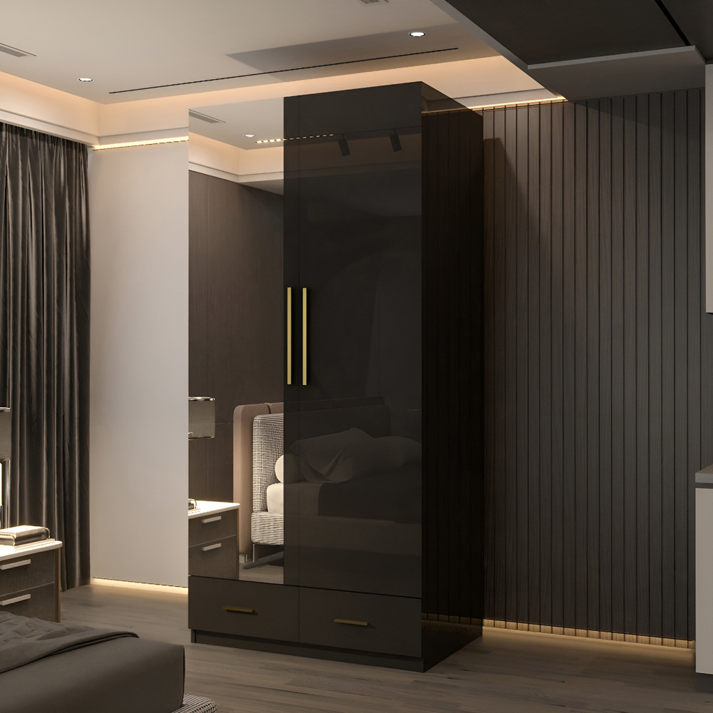 Sliding Wardrobes 4U XD4 2 Door 2 Drawer Black High Gloss Gold Handle Mirror Wardrobe Image 5