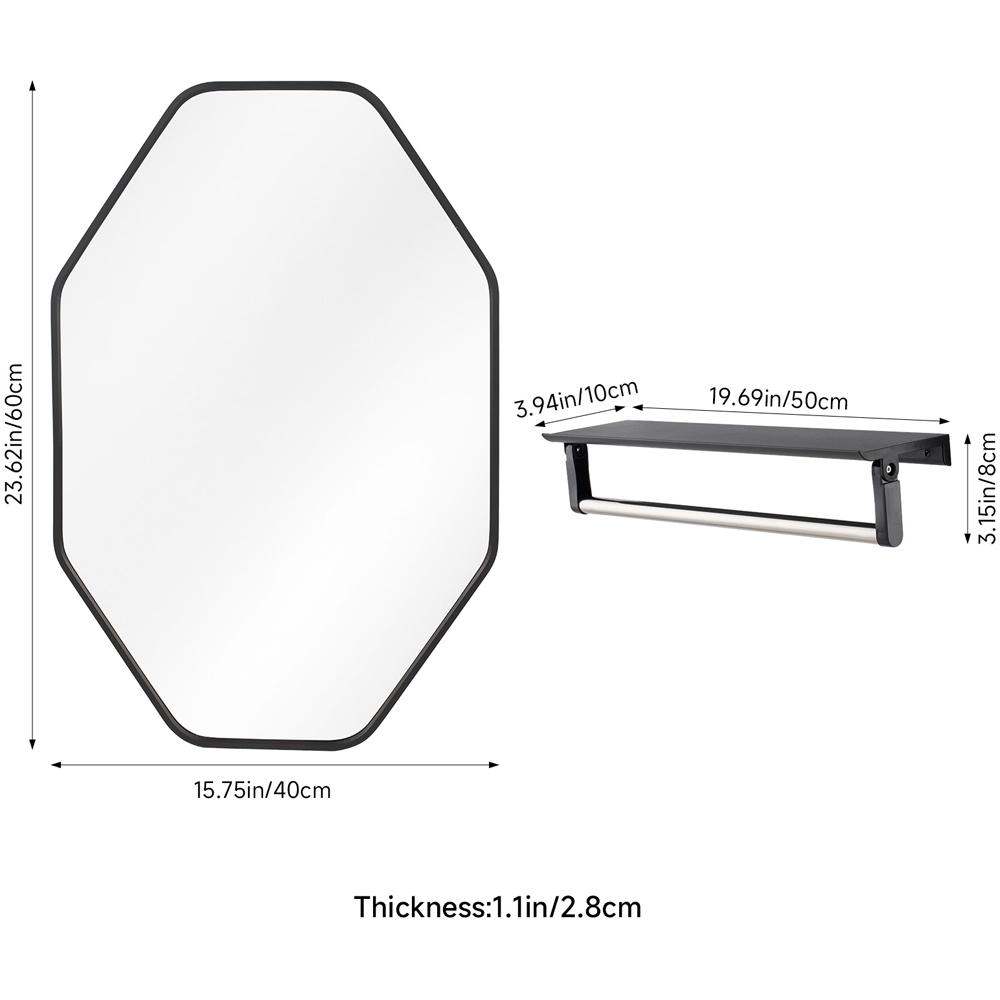 Living and Home Black Hexagonal Aluminium Framed HD Float Glass Bathroom Mirror with Bar 40 x 60cm Image 8