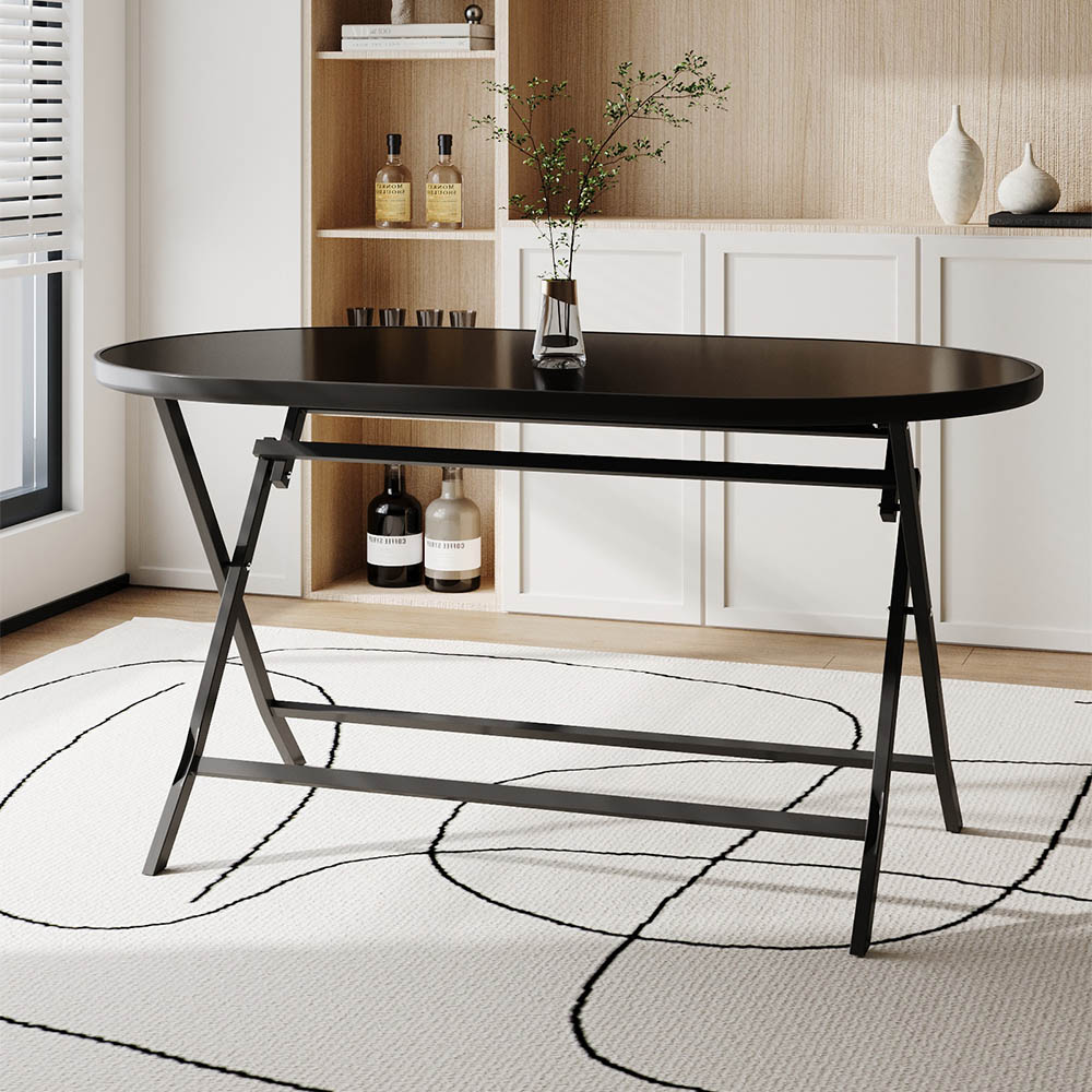 Living and Home Black Metal Outdoor Oval Folding Table with Umbrella Hole Image 2