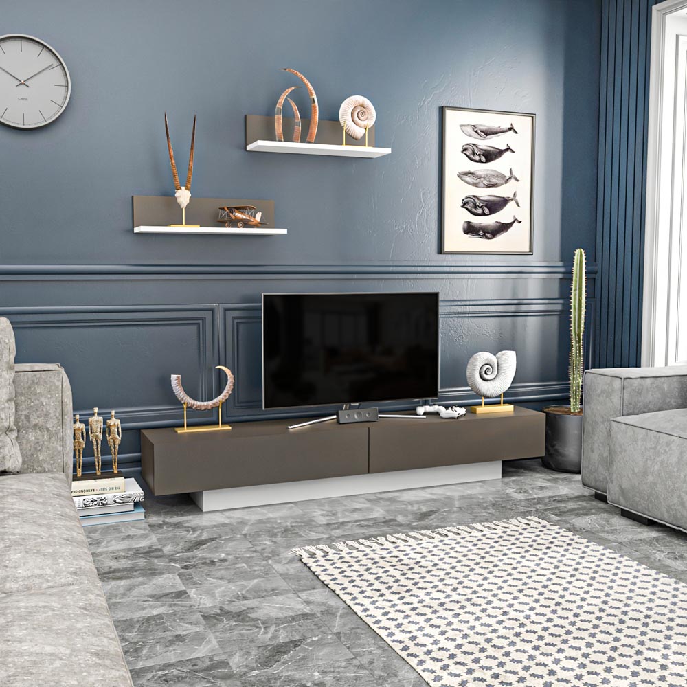 Decorotika Lusi 2 Door Single Shelf White and Coffee Galaxy TV Unit with 2 Wall Shelf Image 4