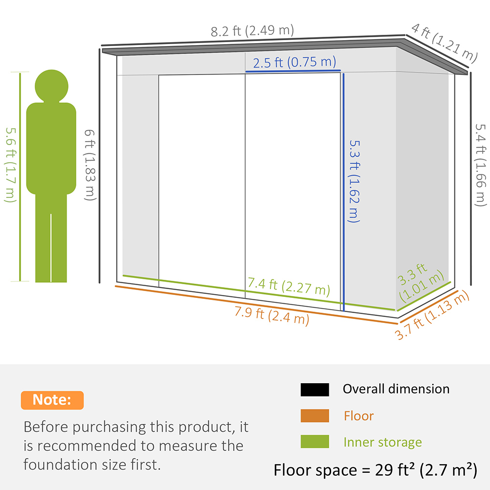 Outsunny 8 x 4ft Grey Double Door Garden Storage Shed Image 8