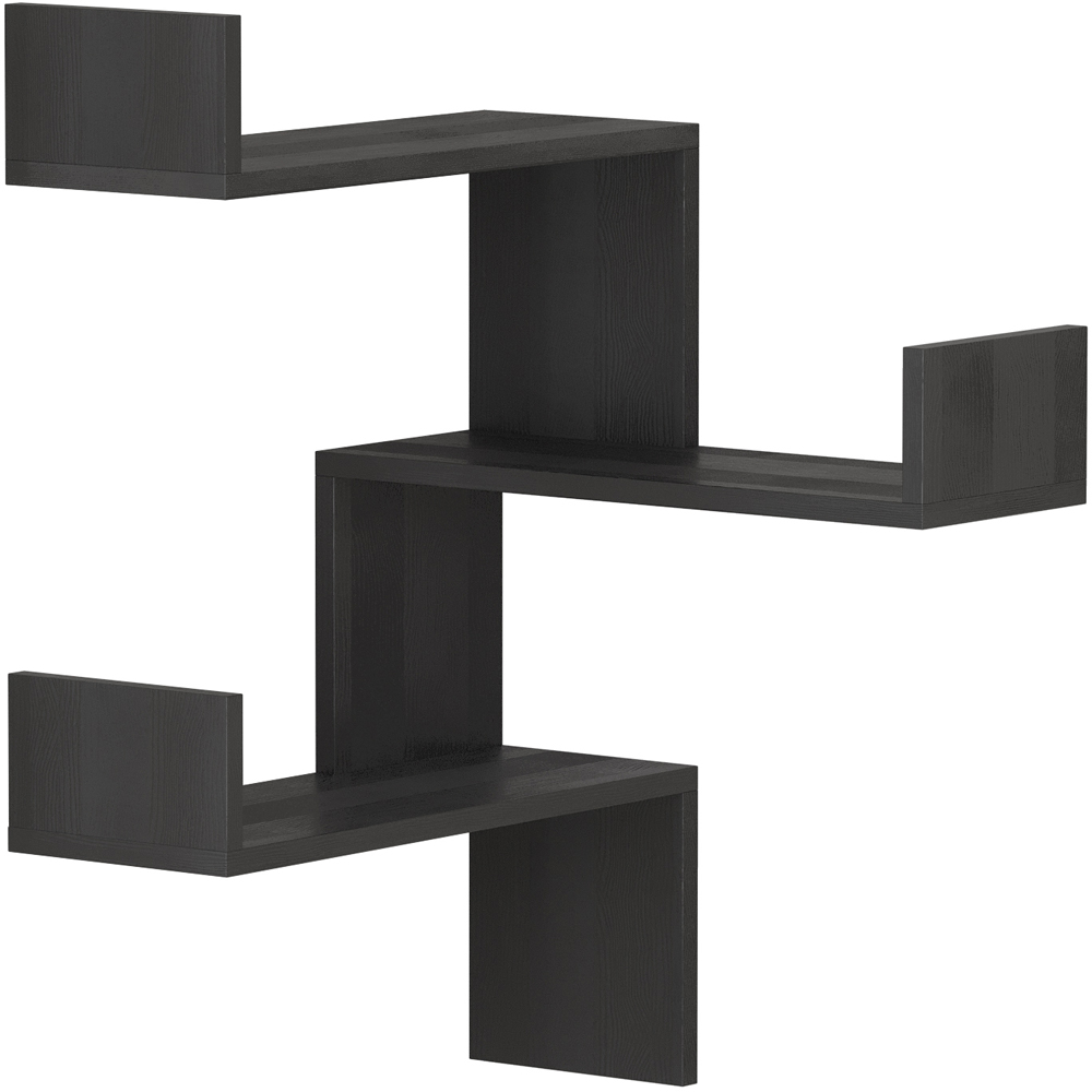 Decortie Luksa 3 Shelf Zigzag Wall Mounted Design Black Wood Corner Bookcase Image 2