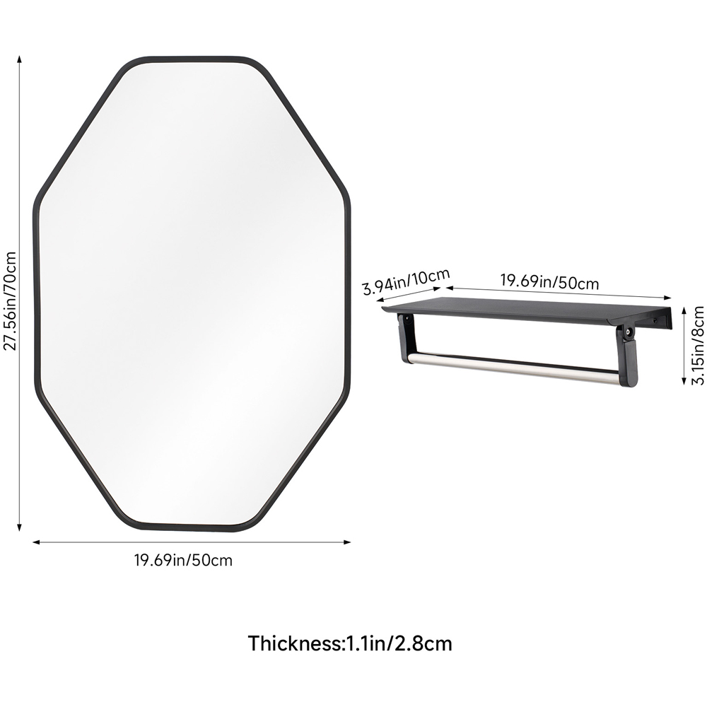 Living and Home Black Hexagonal Aluminium Framed HD Float Glass Bathroom Mirror with Bar 50 x 70cm Image 8