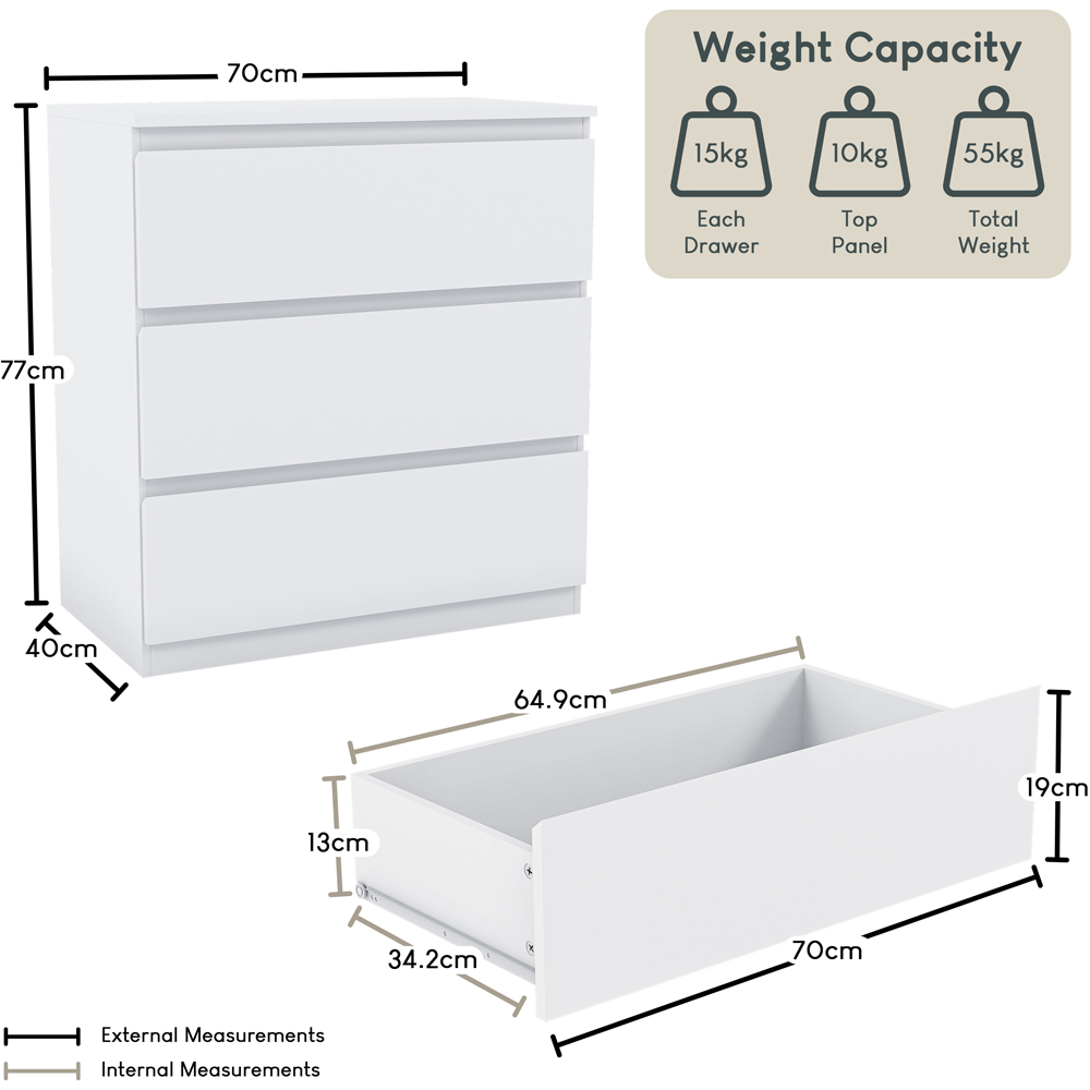 VIDA DESIGNS Denver 3 Drawer White Chest of Drawers Image 9