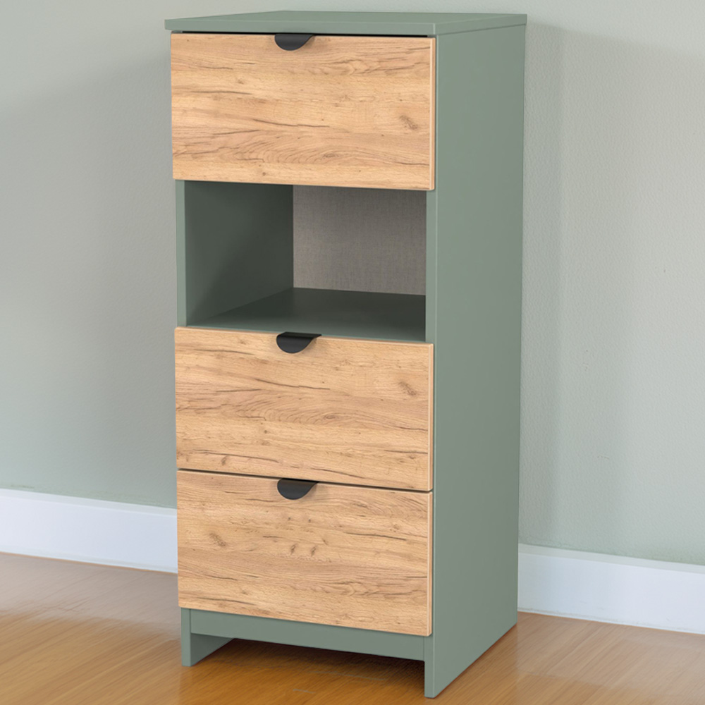 Crowndale Bora 3 Drawer Single Shelf Gold Oak and Reed Green Bedside Cabinet Image 1