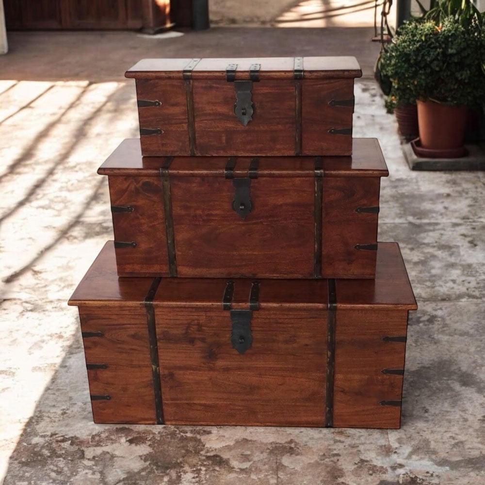 Acacia Home Brown Wooden Chest 101cm Set of 3 Image 3