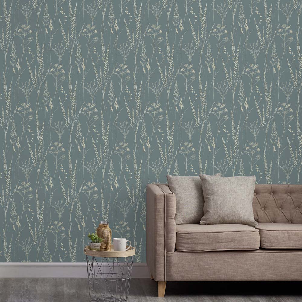 Grandeco Halm Grass and Flower Sprigs Blown Vinyl Green Wallpaper Image 3