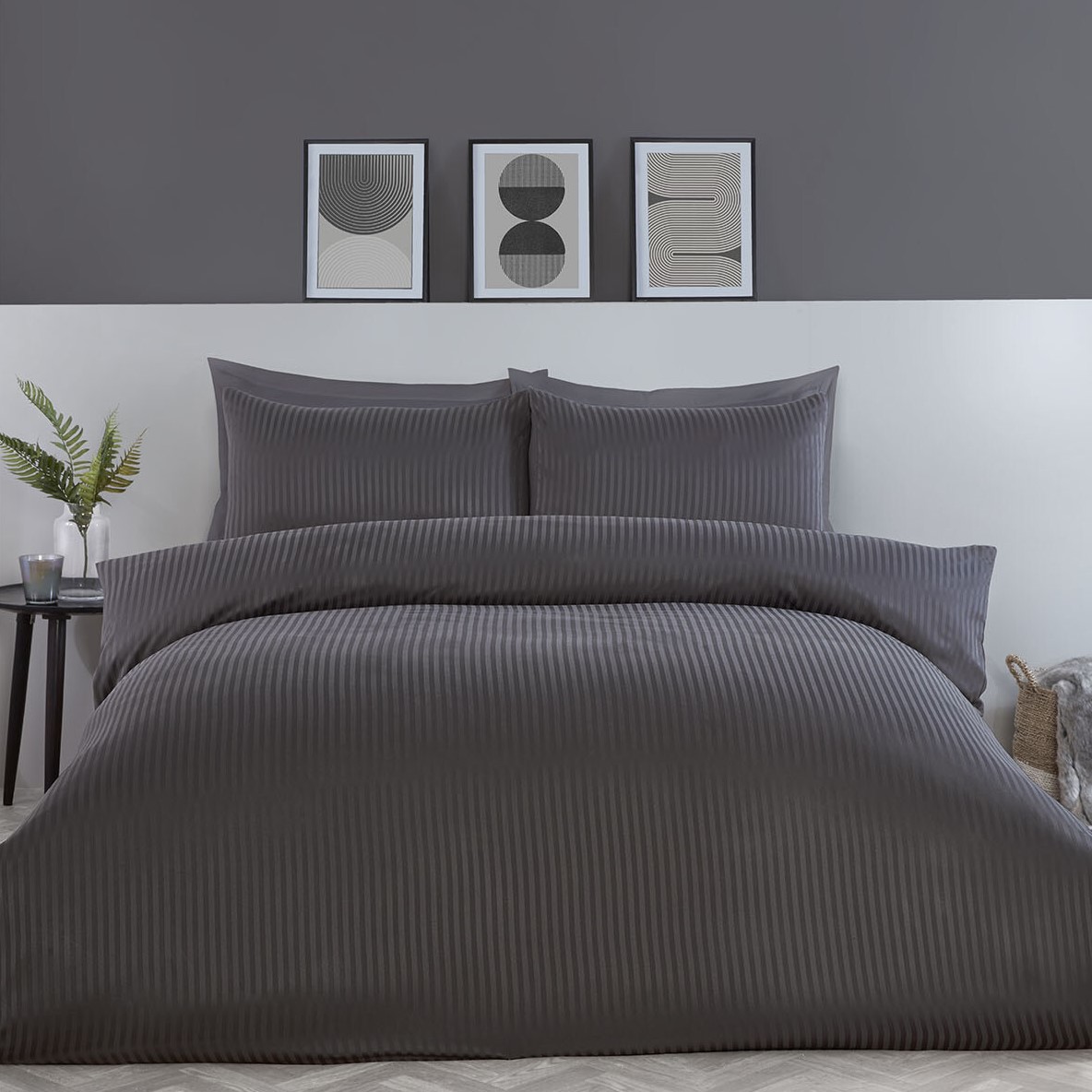 Pimlico Satin Stripe Duvet Set - Charcoal / Superking Image 1