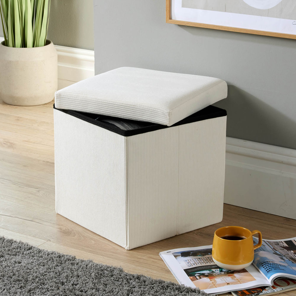 Home Source Cream Corduroy Upholstered Folding Ottoman Image 3