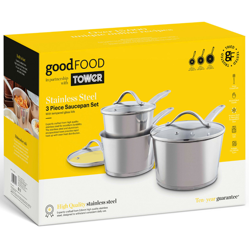 Good Food Stainless Steel Saucepan Set 3 Piece with Tempered Glass Lid Image 8