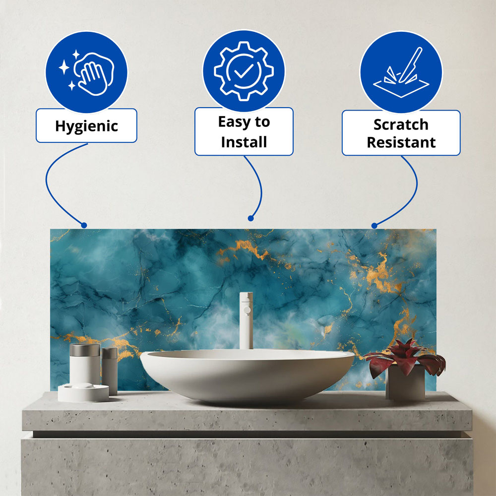 Warren Reed Designer Gold and Blue Marble Effect Bathroom Splashback 25 x 60cm Image 3
