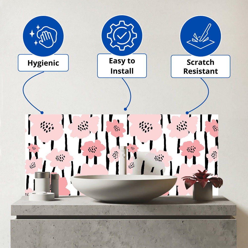 Warren Reed Designer Pastel Pink Flowers Glass Bathroom Splashback 25 x 60cm Image 3