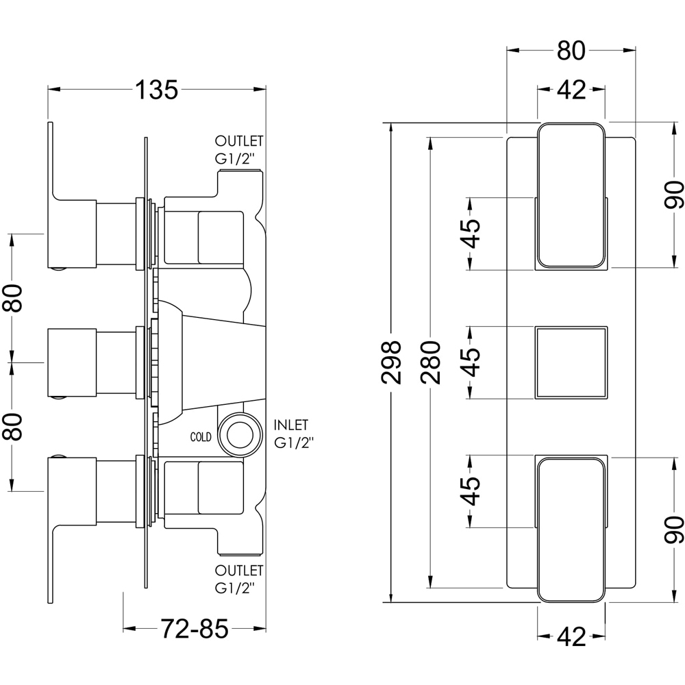 nuie Windon Brushed Brass Triple Thermostatic Valve Image 2