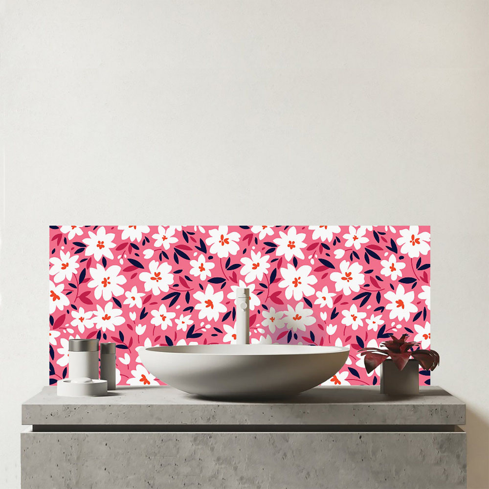 Warren Reed Designer White Flower Pattern Glass Bathroom Splashback 25 x 60cm Image 1