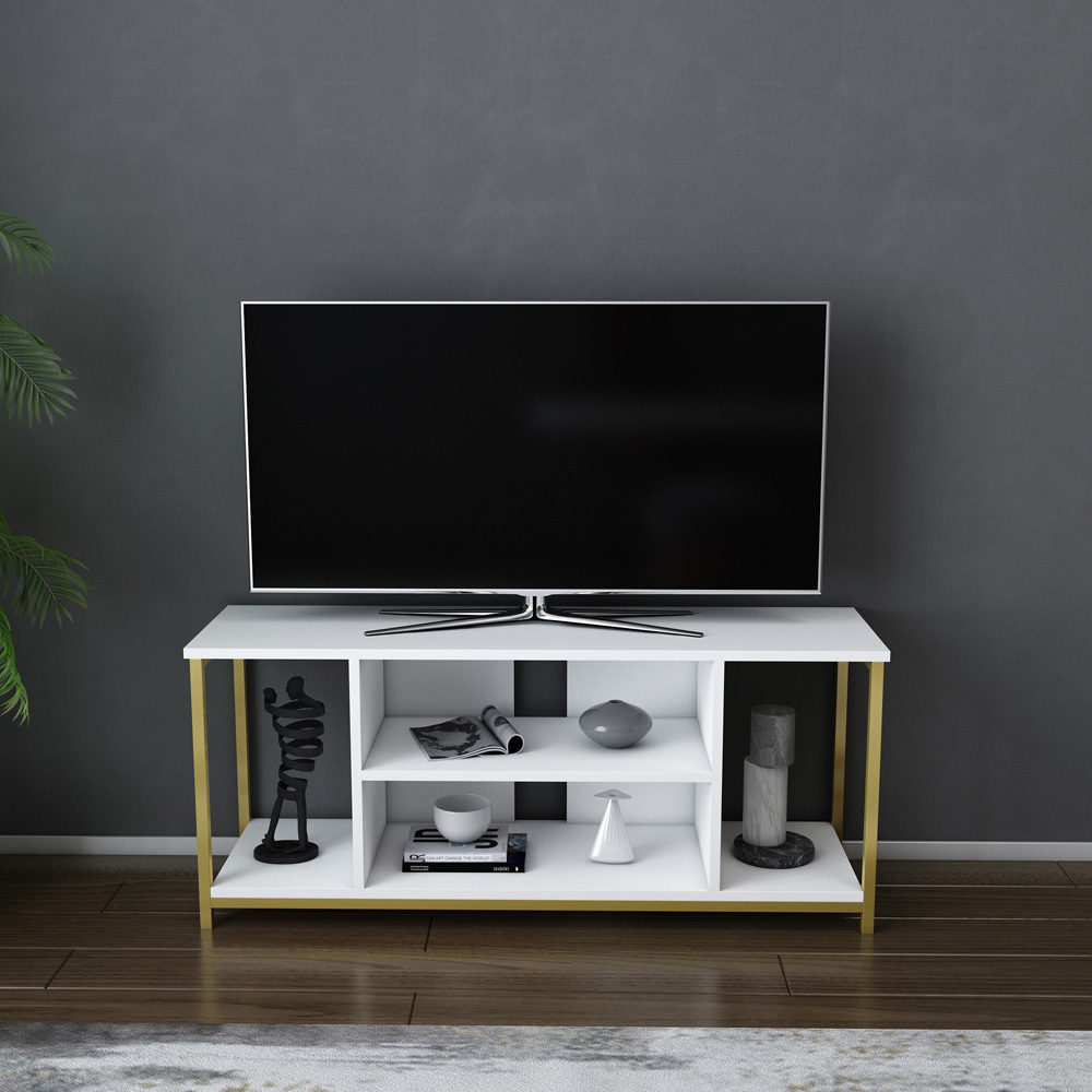Decorotika Rinaldo 4 Open Shelf Gold and White Wide TV Unit Image 4