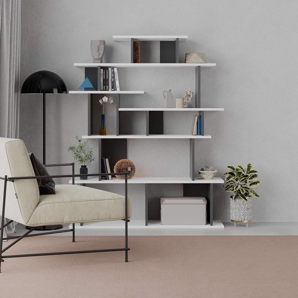 FWStyle Apollon 7 Tier White and Grey Wide Bookcase Shelving Unit Image 4