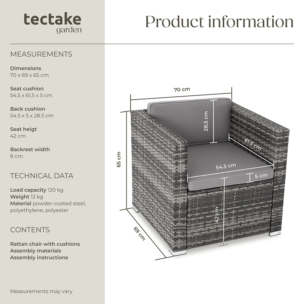 tectake Lignano Grey Rattan Garden Armchair with Seat and Back Cushions Image 7
