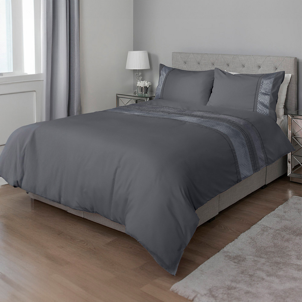 My Home Super King Charcoal Geo Stripe Velvet Duvet Set Image 1