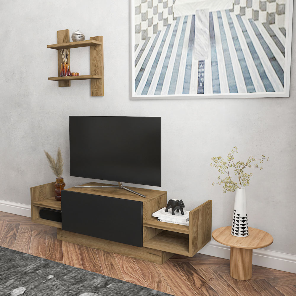 Decorotika Spring Oud and Black TV Unit with Wall Shelf Image 3