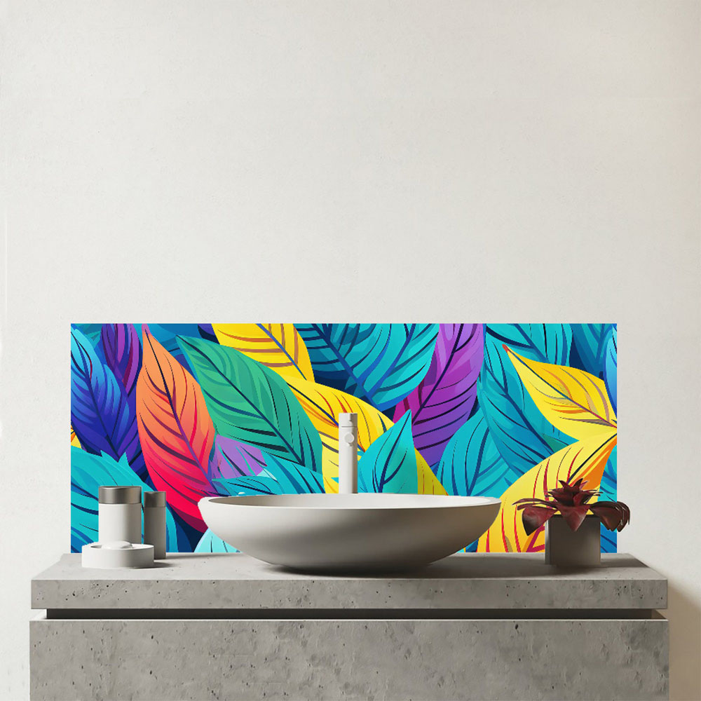 Warren Reed Designer Bright Colourful Leaves Glass Bathroom Splashback 25 x 60cm Image 1