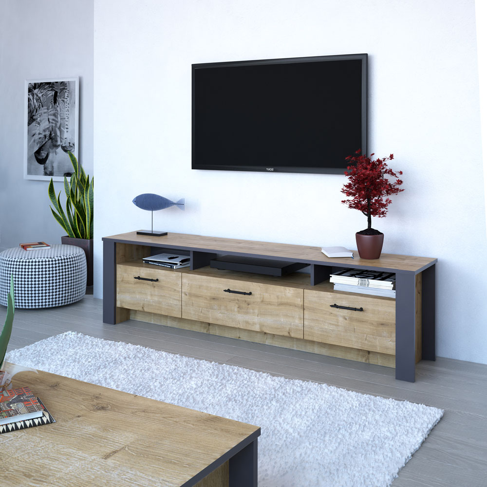 Decorotika Manhattan 3 Door 3 Shelf Sapphire Oak and Dark Grey TV Unit Image 5