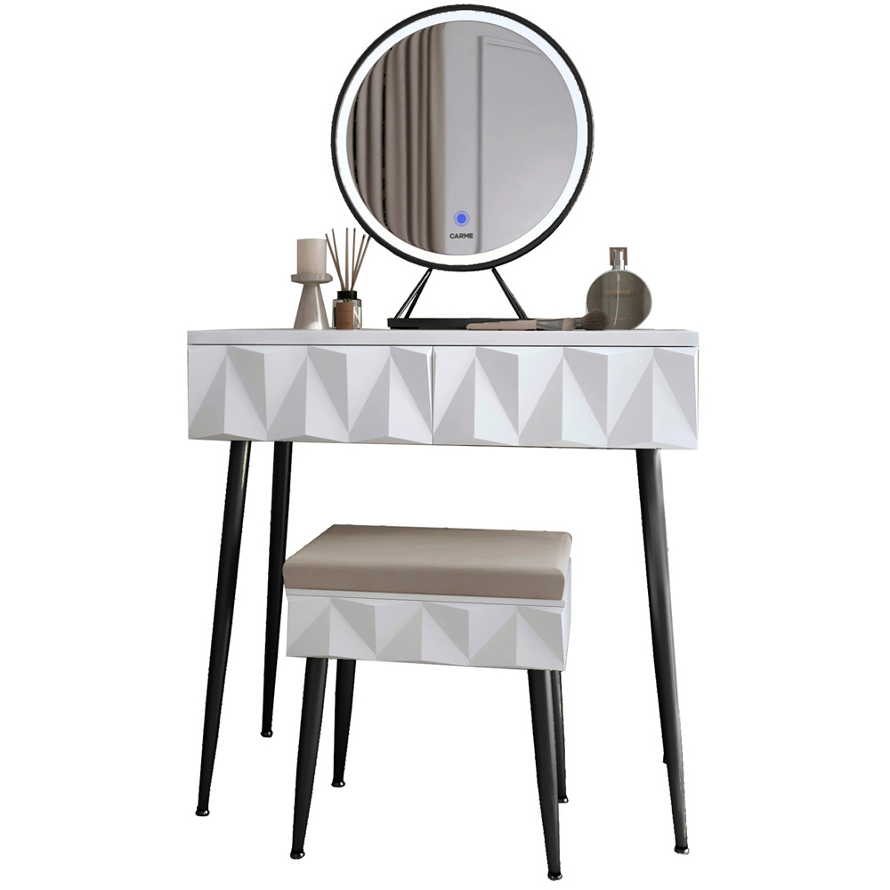 CARME Home Montana 2 Drawer White and Black Dressing Table Set with LED Mirror Image 2