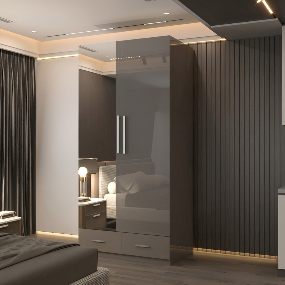 Sliding Wardrobes 4U 2 Door 2 Drawer Grey High Gloss Hinge Door Wardrobe 90cm Image 5