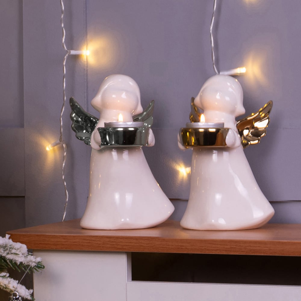 St Helens Silver Wings Ceramic Angel Tealight Holder Image 4