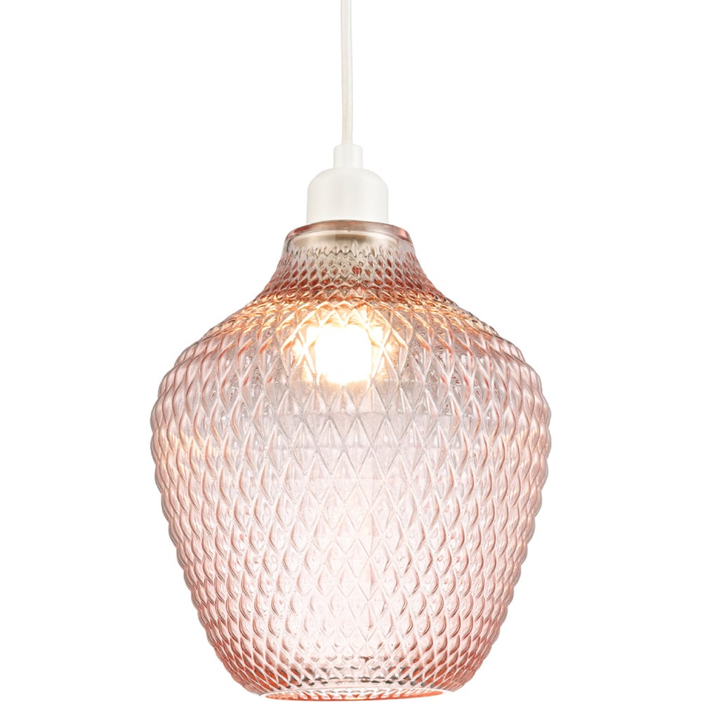 Happy Homewares Soft Blush Pink Curvy Diamond Etched Glass Pendant Shade Image 3