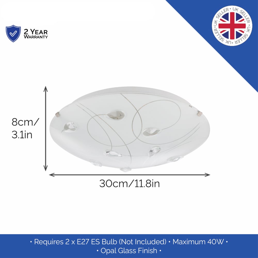 Happy Homewares Opal White Glass Flush Ceiling Light with Crystal Drops Image 6