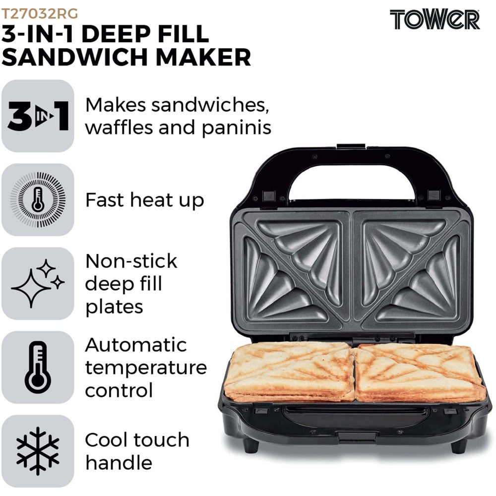 Tower 3 in 1 Gold Deep Fill Sandwich Maker Image 6
