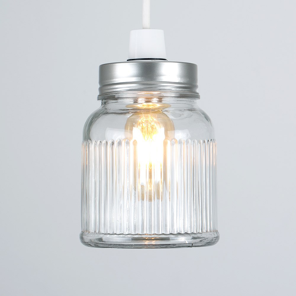 ValueLights Ribbed Glass Jar Brushed Chrome Pendant Lamp Shade Image 3