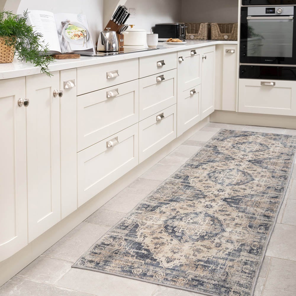 Kukoon Beige and Blue Distressed Vintage Medallion Rug 300 x 80cm Image 3