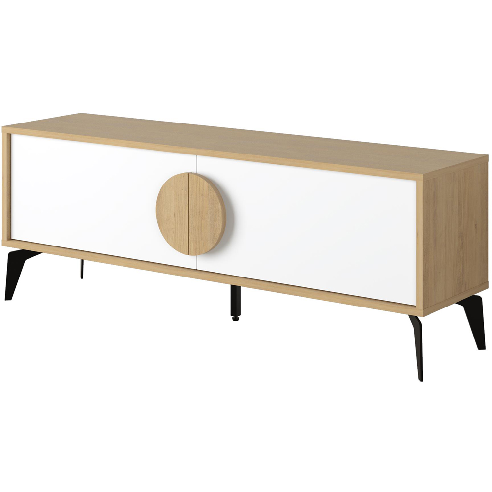 Decortie Gora 2 Door Oak and White TV Unit with Circle Handle Image 2