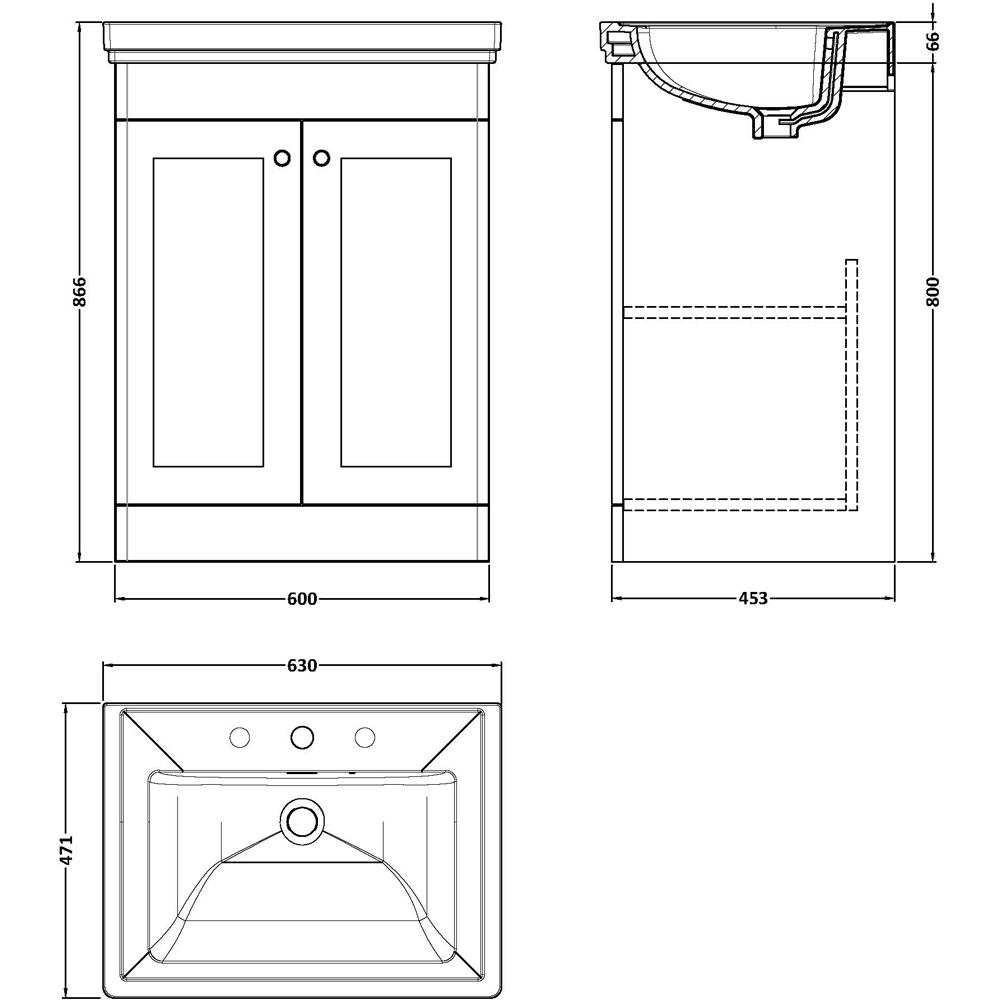 nuie Classique 2 Door Soft Black Floor Standing Vanity Unit and 3 Tap Hole Fireclay Basin 600mm Image 2