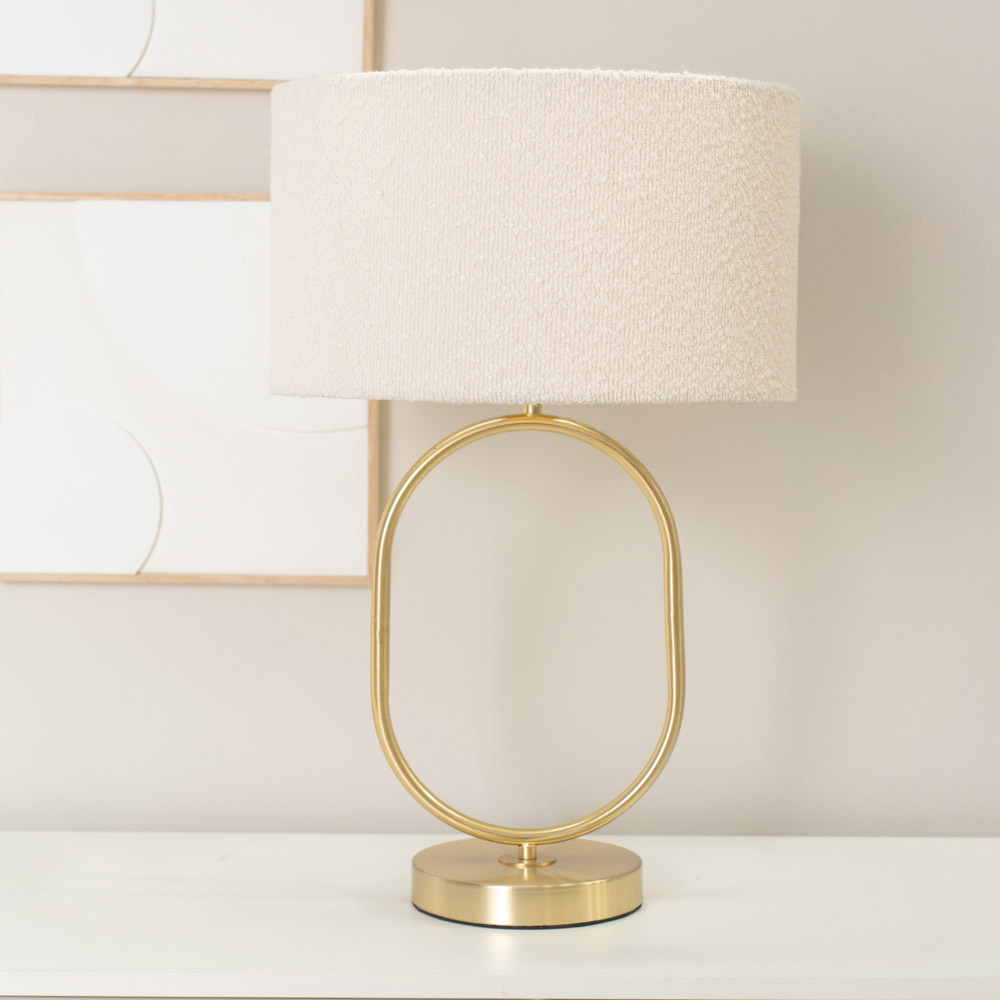 ValueLights Antonia Cream Boucle Drum Shade Brushed Gold Oval LED Table Lamp Image 3