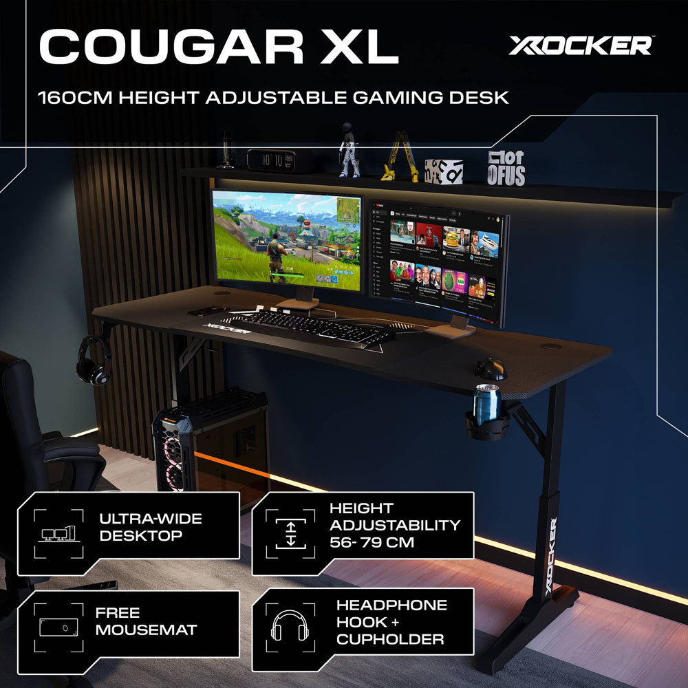 X Rocker Cougar XL Height Adjustable Gaming Desk with Mousepad Black Image 6
