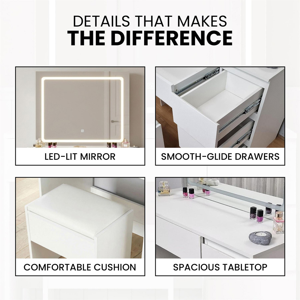 Portland 4 Drawer White Dressing Table Set with LED Mirror Image 7