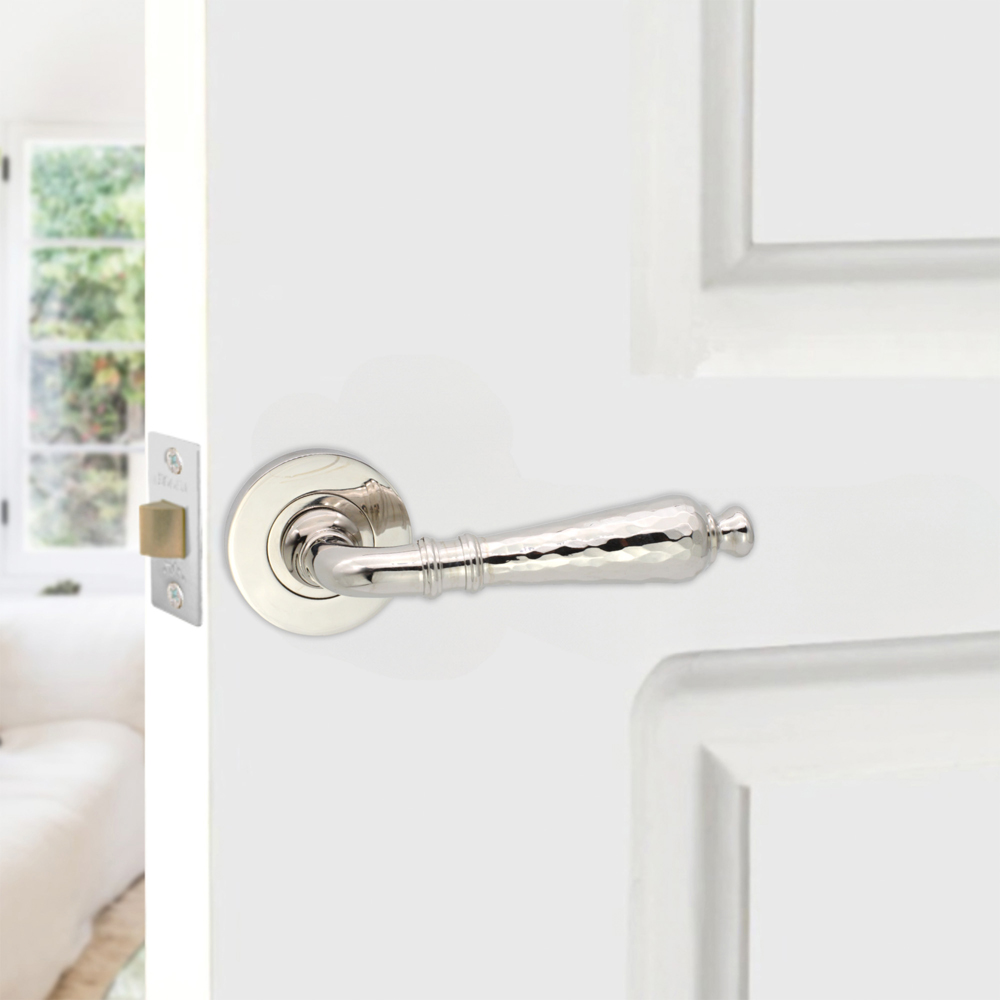 Spira Brass Hammered Hazel Polished Nickel Lever On Rose Door Handle 2 Pack Image 2