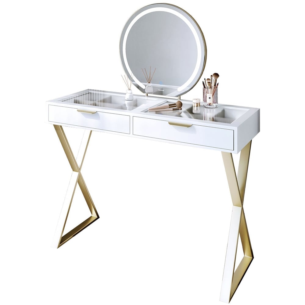 CARME Home Jess White and Gold Maisie Touch Sensor LED Mirror Dressing Table Image 2