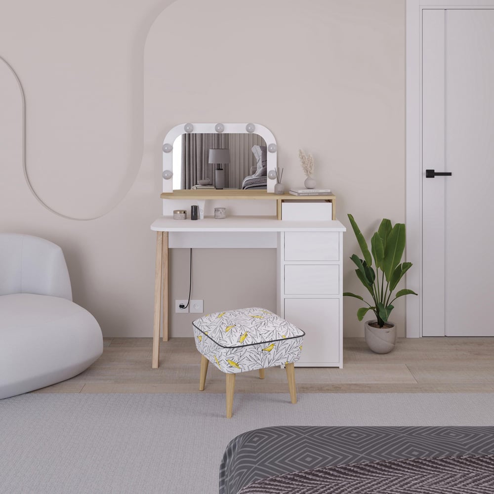 Decortie Avien 3 Drawer Single Door White and Oak Makeup Vanity Table with LED Mirror Image 4